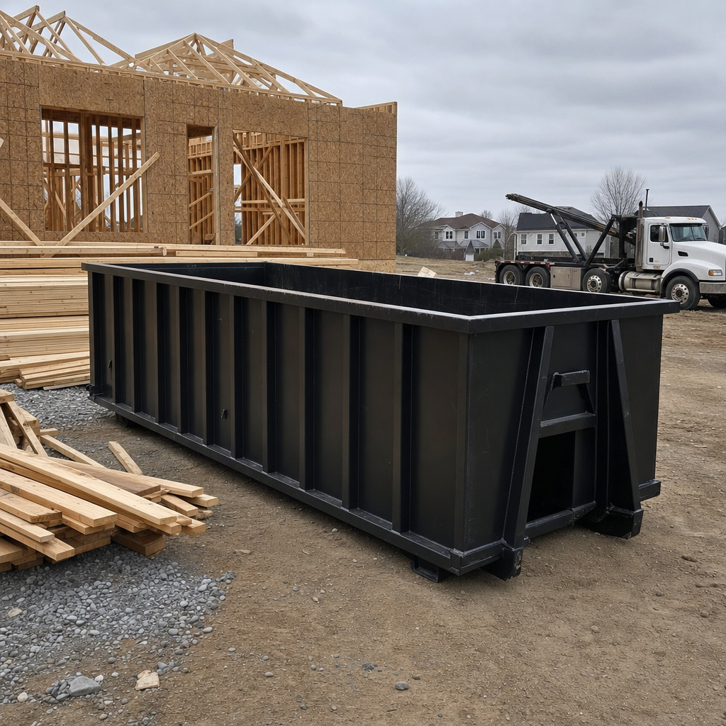 Matte-black 40-yard roll-off dumpster staged on a framed-out residential construction site in Deerfield Beach, framing lumber stacked nearby, hooklift delivery truck visible in the background under bright Colorado daylight