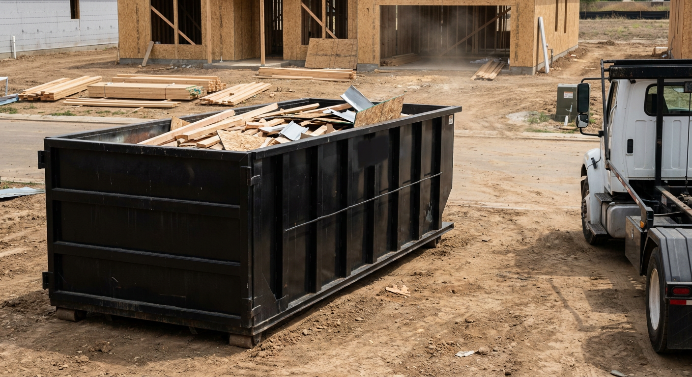 Matte-black 20-yard roll-off construction dumpster with heavy ribbed steel sidewalls and swing rear doors at a working jobsite in Deerfield Beach, sitting directly on compacted dirt with an unmarked white hauler partially visible at the far edge of the frame.