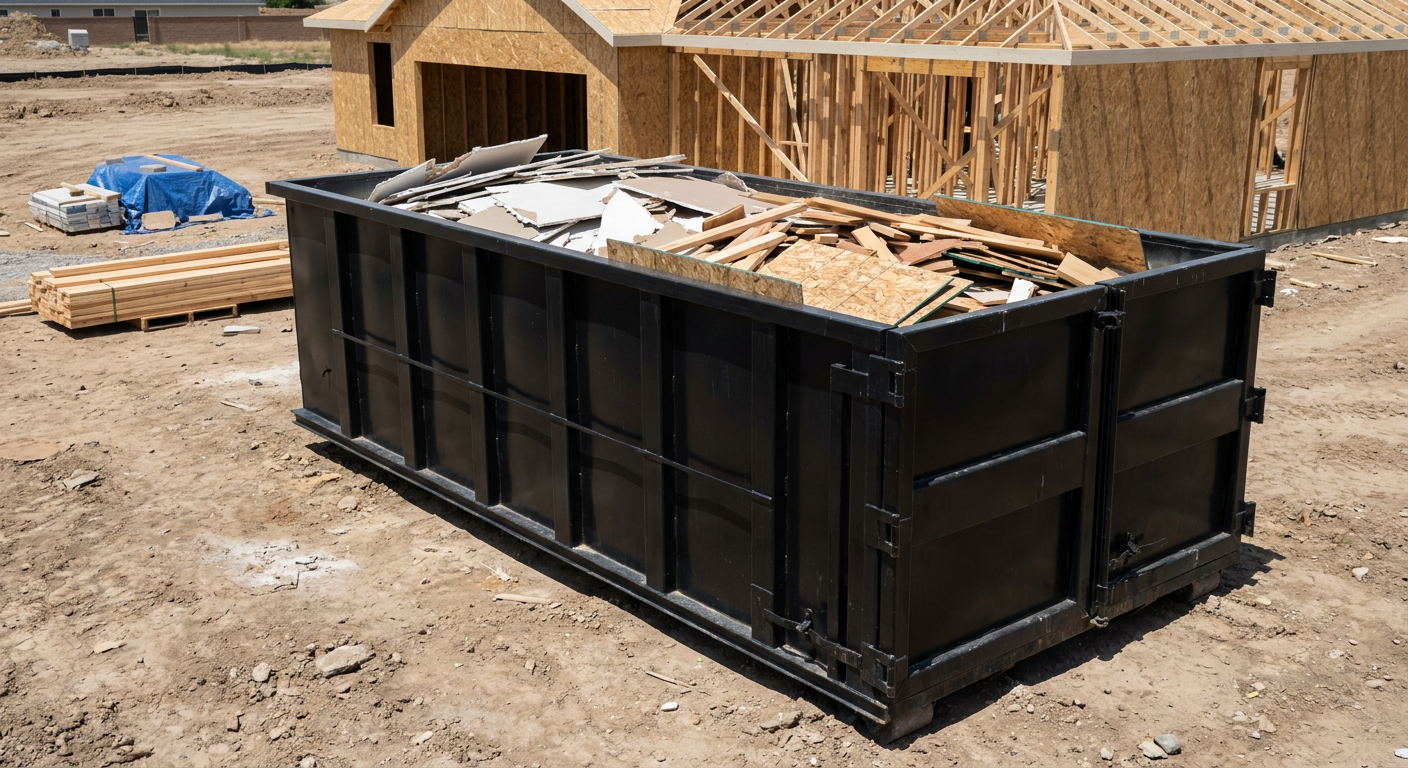 Matte-black 30-yard roll-off construction dumpster sitting directly on the compacted-dirt site of a framed single-family home build in Deerfield Beach, drywall and lumber scrap loaded inside.