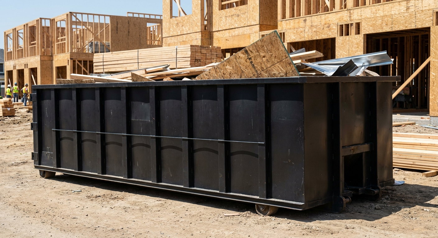 Matte-black 40-yard roll-off construction dumpster being lowered from a white-cab hooklift delivery truck onto the compacted-dirt jobsite at a commercial build site in Deerfield Beach