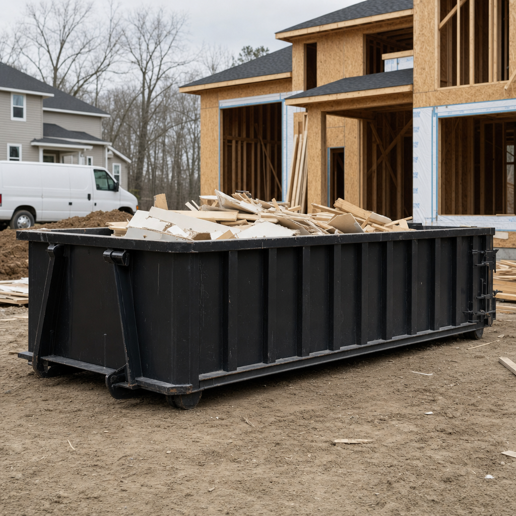 Worker in a yellow high-visibility vest tossing framing lumber and broken drywall into a matte-black 30-yard construction roll-off dumpster on an active build site in Deerfield Beach, bright daylight