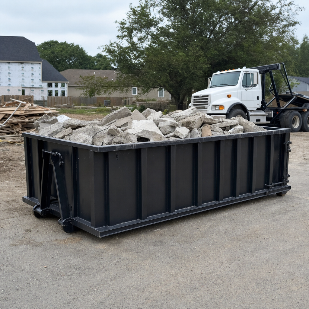 Low-profile matte-black lowboy roll-off dumpster loaded with broken concrete slab and rebar at a foundation tear-out in Deerfield Beach, skid steer parked beside it, sunny Colorado morning