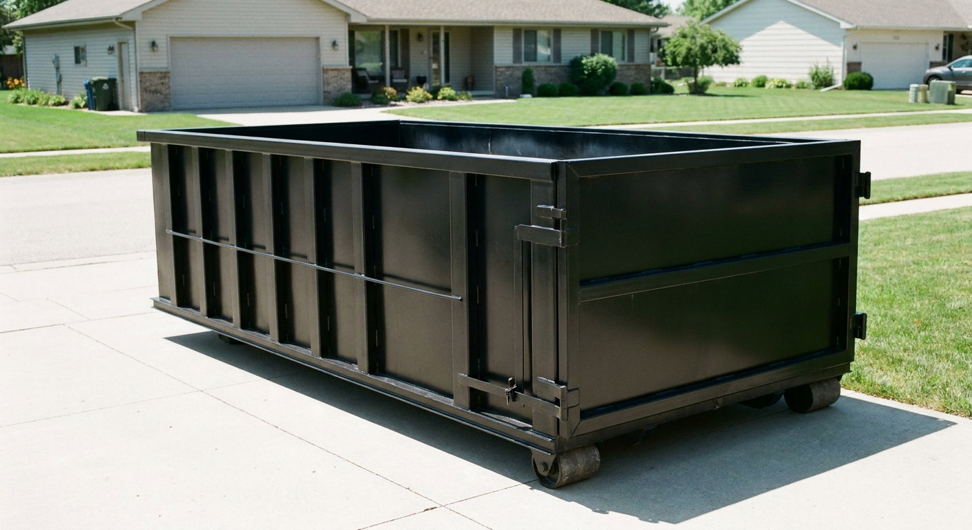Matte-black 10-yard roll-off dumpster on a residential concrete driveway in Deerfield Beach, uniformly painted matte black across every panel and rail, ribbed steel sidewalls and rear swing door visible, mid-day daylight.