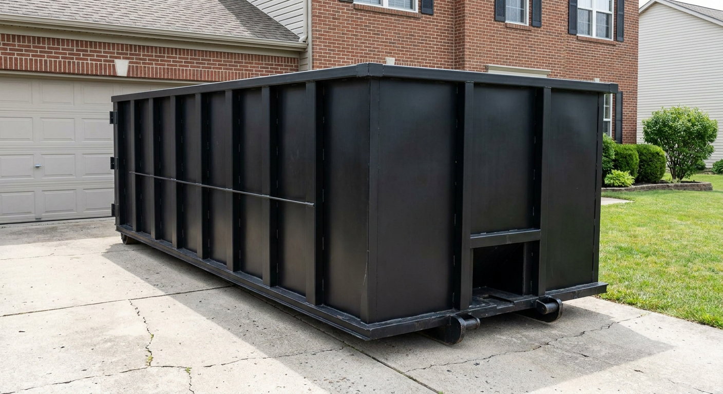 Matte-black 20-yard roll-off container on a Deerfield Beach residential concrete driveway with reinforced ribbed steel sidewalls and a hinged rear walk-in door, clean bright daylight.