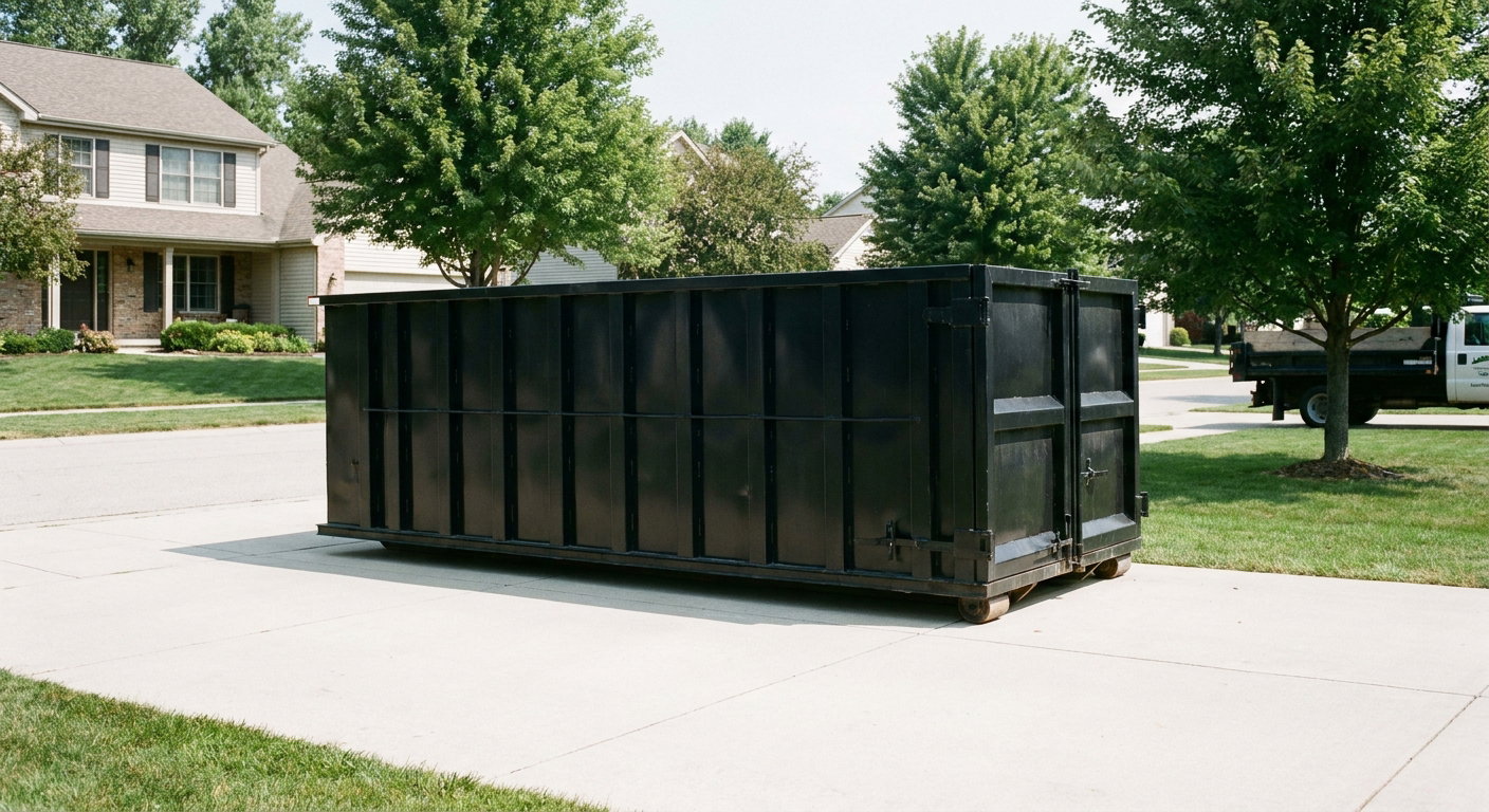 Matte-black 20-yard roll-off dumpster sitting level on a clean Deerfield Beach residential concrete driveway under bright daylight, demonstrating clean placement directly on the concrete.