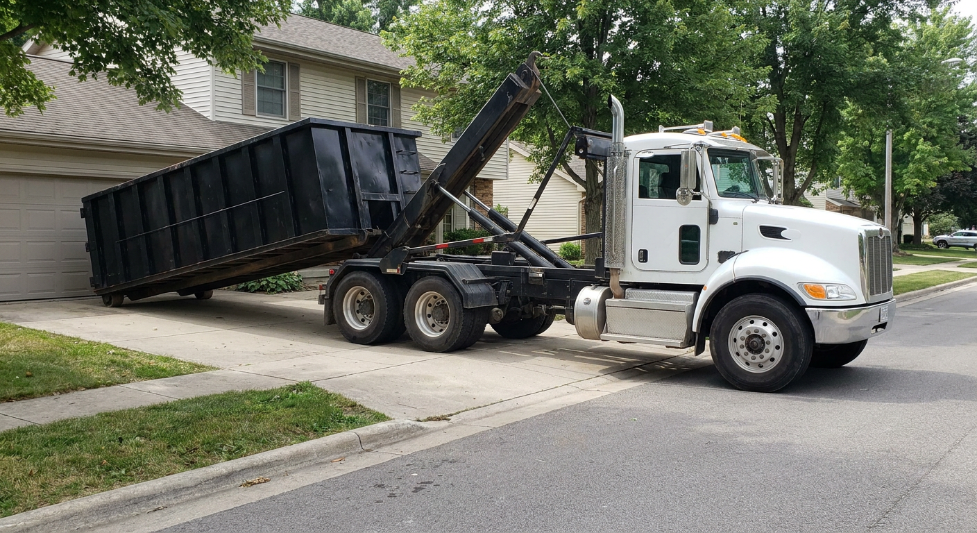 White-cab hooklift roll-off truck actively lowering a matte-black dumpster onto a Deerfield Beach residential concrete driveway, the dumpster's rear wheels touching the driveway as the hoist arm tilts the bed forward, mid-morning daylight.