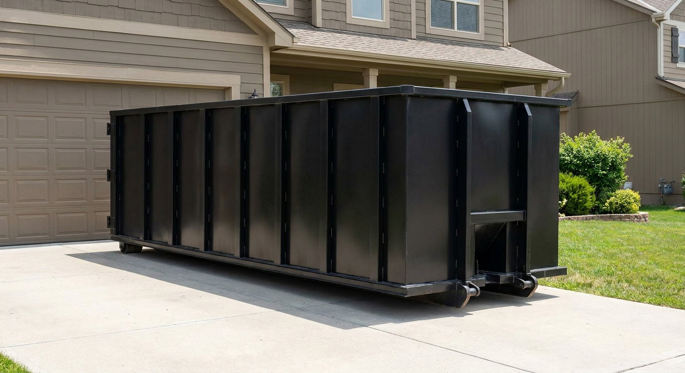 Matte-black residential roll-off dumpster sitting directly on a suburban Deerfield Beach concrete driveway, garage door closed, single-family home in background, bright morning daylight.