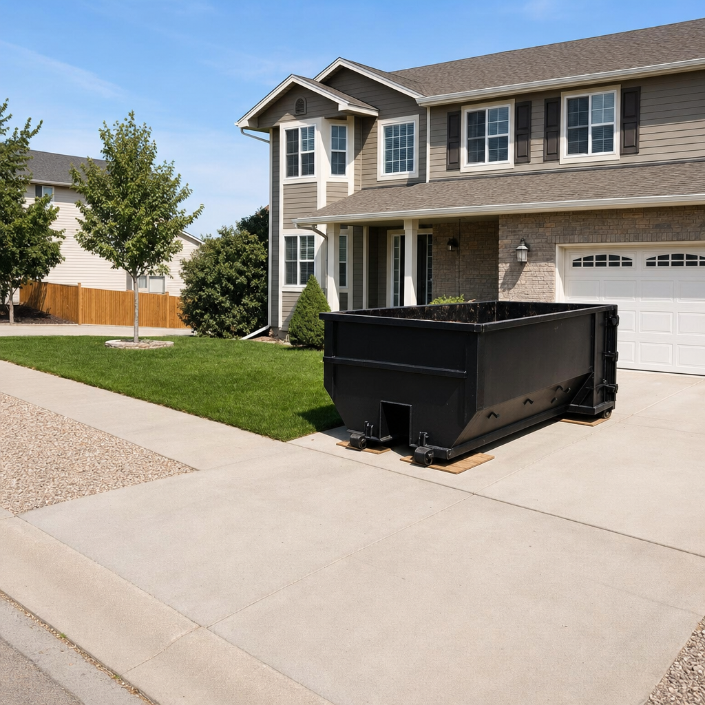 10-yard matte-black residential dumpster placed directly on a narrow Deerfield Beach concrete driveway, room remains for a parked sedan beside it, mid-morning natural light