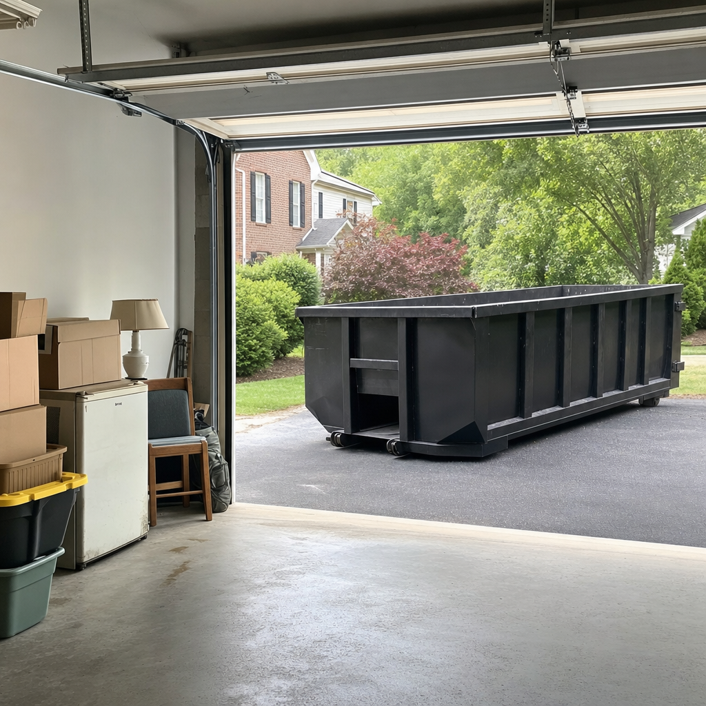 Open garage interior in a Deerfield Beach home mid-cleanout — boxed items, an old appliance, and stacked yard tools queued near the driveway for a matte-black roll-off dumpster, organized and calm