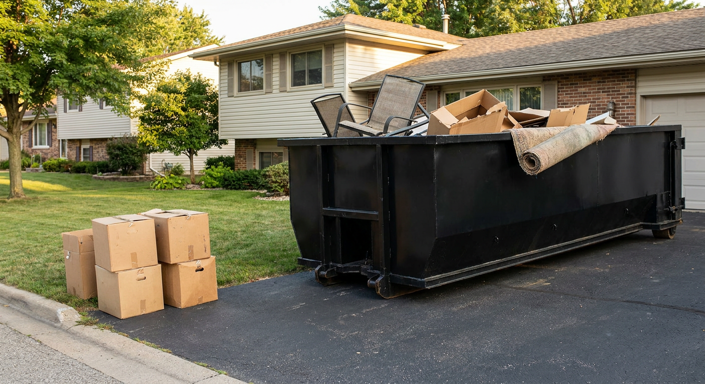 Front-yard view of a Deerfield Beach split-level home with a 20-yard matte-black roll-off dumpster sitting directly on the asphalt driveway, a few clearly labeled donation boxes staged at the curb, calm sunny afternoon.