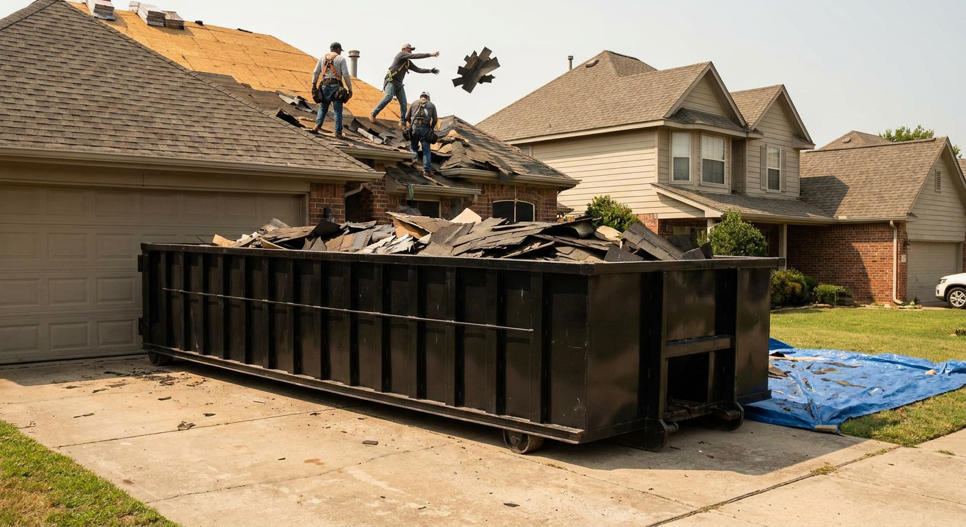 Matte-black roofing roll-off dumpster placed directly on a Deerfield Beach residential concrete driveway, a tear-off crew on a two-story asphalt-shingle roof tossing shingle bundles into the low-walled container, bright daylight, documentary 35mm perspective.