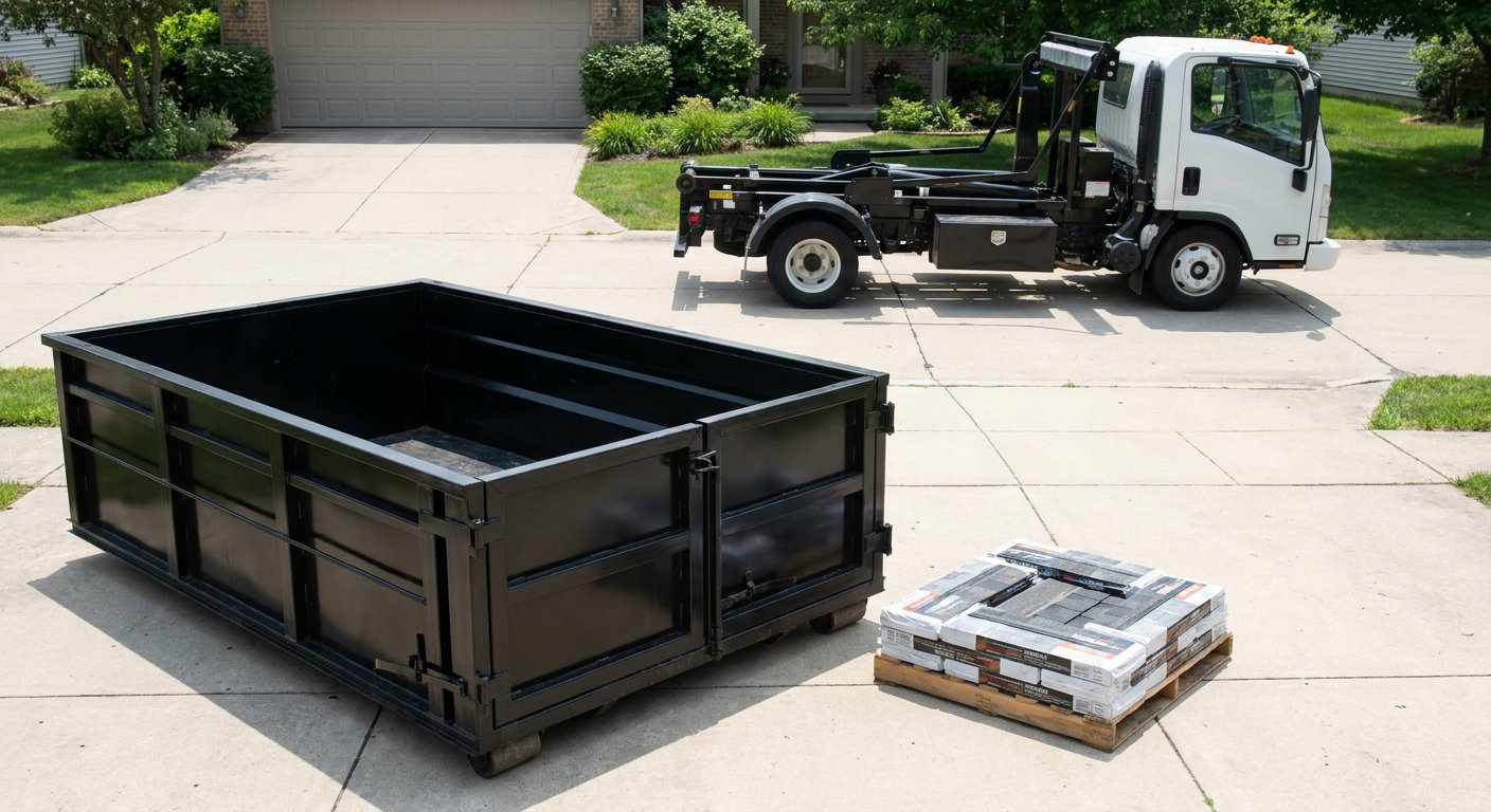Matte-black 15-yard roofing roll-off dumpster with reinforced low side walls sitting directly on a Deerfield Beach residential concrete driveway, three-tab asphalt shingle bundles stacked nearby, an unmarked white hauler truck partially visible at the edge of the frame.