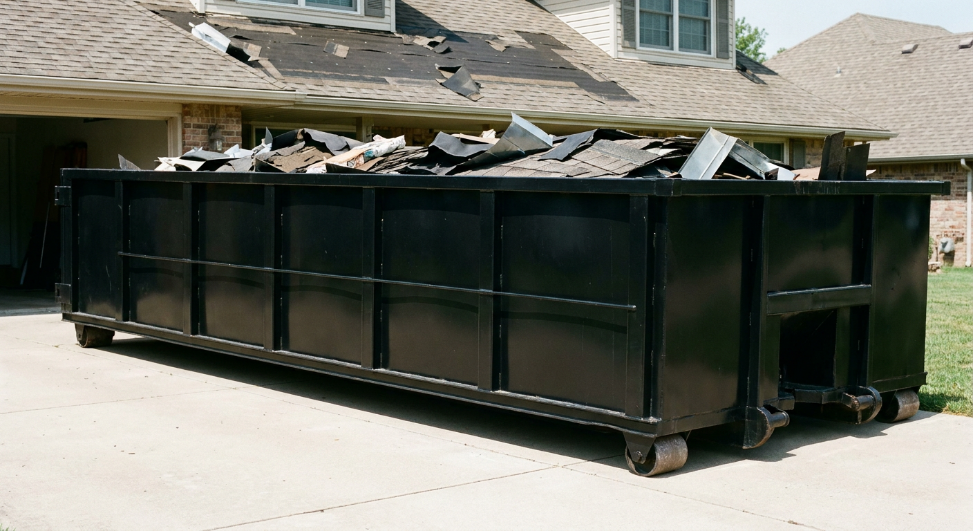 Matte-black 20-yard roofing roll-off dumpster with steel ribbed sides and swinging rear door, sitting directly on the concrete driveway of a two-story Deerfield Beach home, asphalt shingle debris being loaded over the low wall, clean documentary lighting.