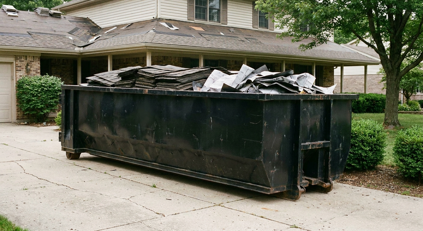 Matte-black 30-yard roofing roll-off dumpster sitting directly on a Deerfield Beach concrete driveway, taller ribbed steel side panels, mixed tear-off debris of asphalt shingles and underlayment inside, professional documentary daylight.