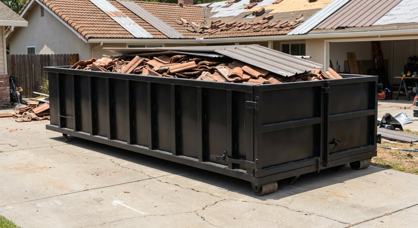Matte-black low-wall heavy-debris roofing roll-off dumpster sitting directly on a Deerfield Beach concrete driveway, broken concrete clay roof tiles and metal panel sections loaded inside, reinforced ribbed steel side walls visible, bright outdoor daylight.
