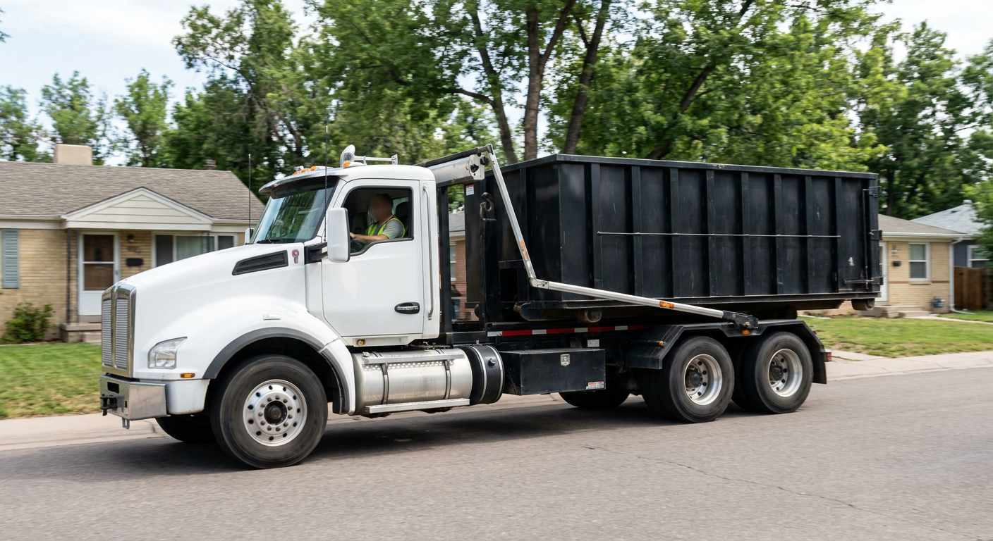 A wide documentary shot of a matte-black roll-off delivery truck pulling onto a quiet Deerfield Beach residential street at mid-morning, with neighborhood rooftops and tree-lined blocks visible behind, showing the metro coverage footprint.