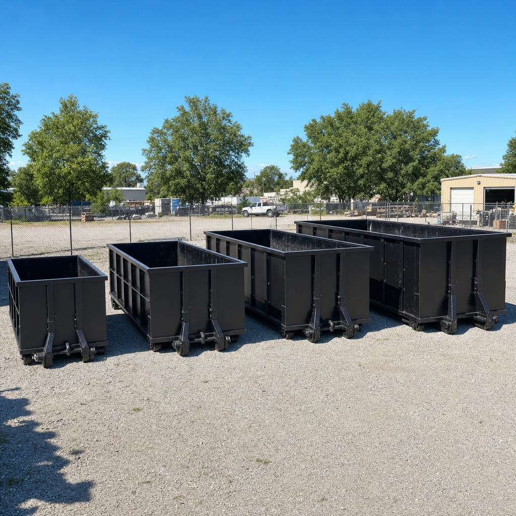 A clean lineup of matte-black roll-off dumpsters in 10, 20, 30, and 40-yard sizes staged on a sunlit gravel yard in Deerfield Beach, showing the size progression from compact to commercial-scale containers.