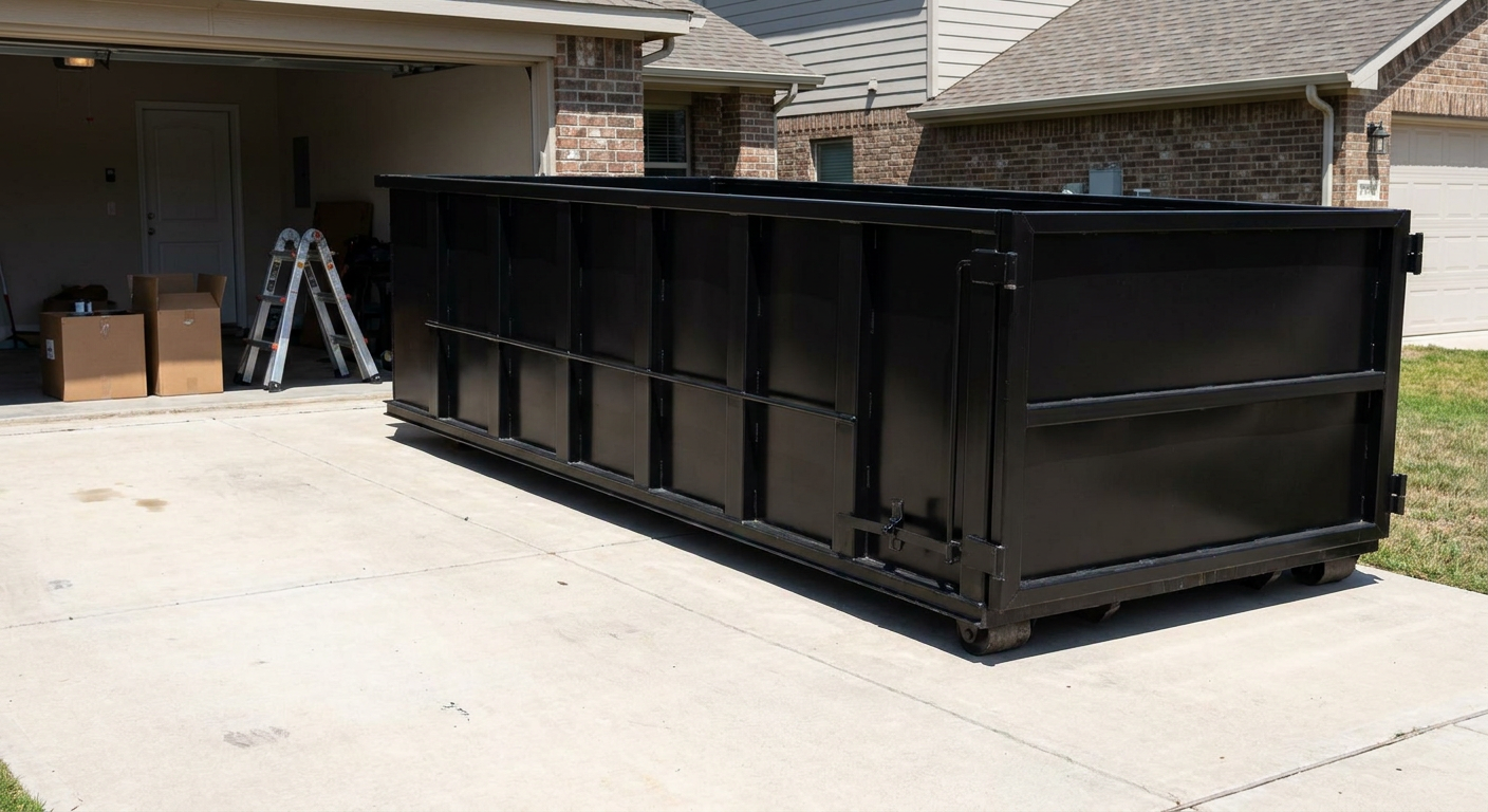 A matte-black 10-yard roll-off dumpster sitting directly on a residential Deerfield Beach concrete driveway, mid-day sunlight, clean and ready for a garage cleanout.