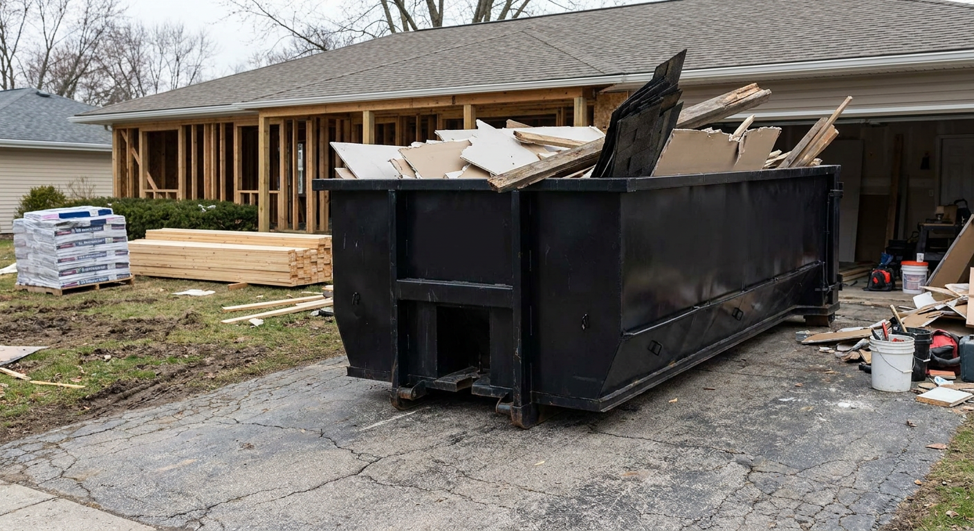 A matte-black 20-yard roll-off dumpster placed alongside a mid-renovation Deerfield Beach home directly on the asphalt driveway, with framing materials and torn-off shingles staged neatly nearby.