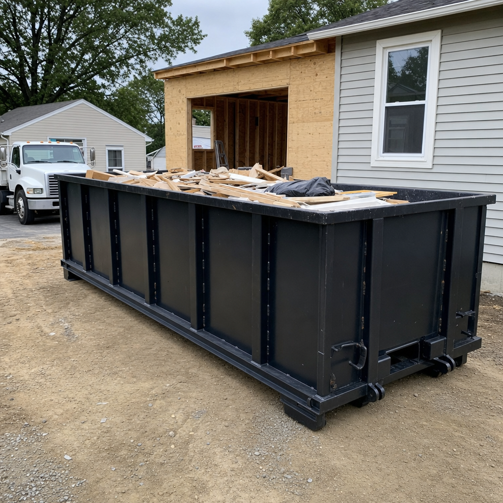 A matte-black 30-yard roll-off dumpster positioned at a Deerfield Beach residential addition jobsite, with framing lumber and drywall scraps loaded through the open swinging rear doors.