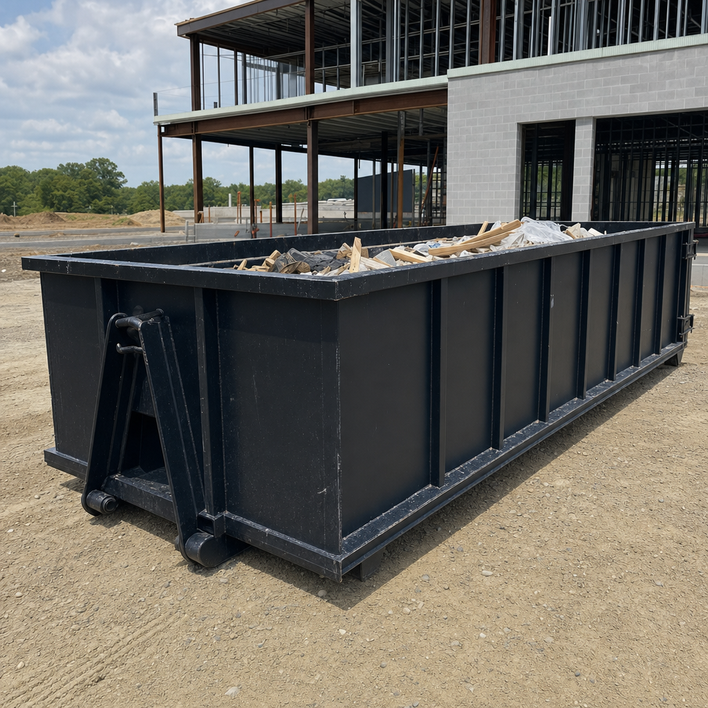 A matte-black 40-yard roll-off dumpster staged on a large Deerfield Beach commercial construction lot, with a hooklift delivery truck parked alongside under bright midday sky.