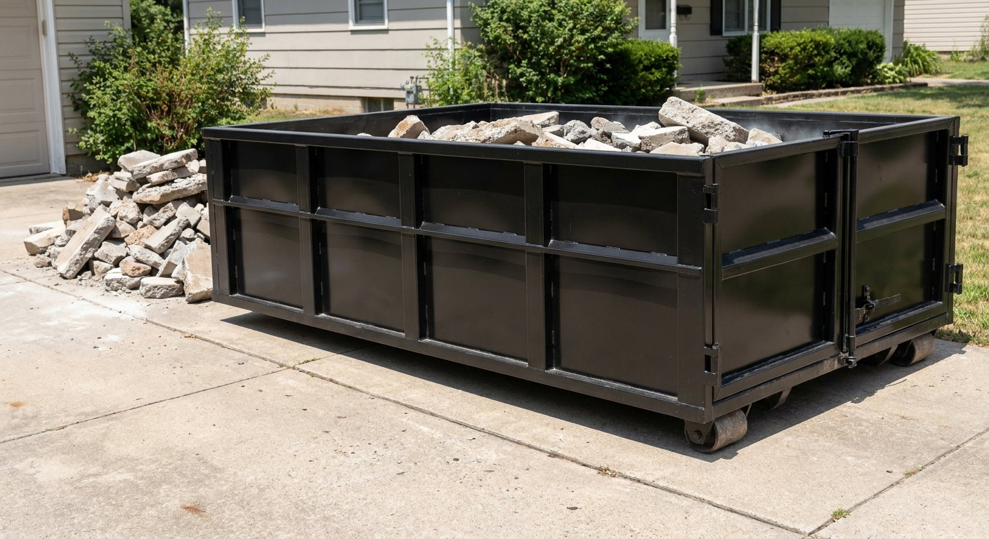 A matte-black low-side heavy-debris roll-off dumpster placed directly on a Deerfield Beach concrete driveway, with broken concrete chunks neatly stacked beside it under clean daylight.